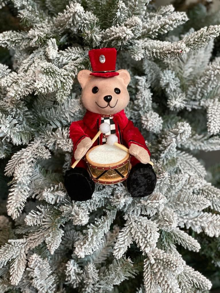 9" velvet, harlequin bear playing drum