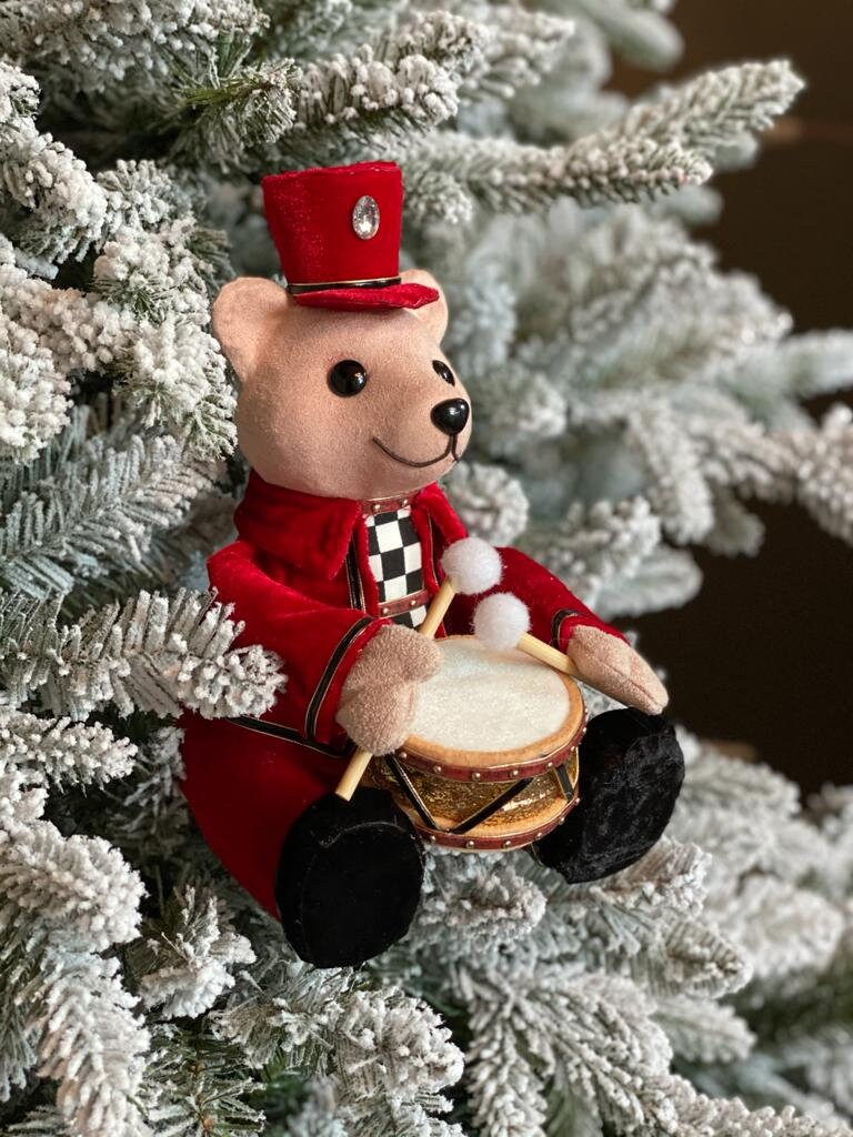 9" velvet, harlequin bear playing drum