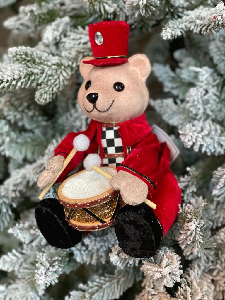 9" velvet, harlequin bear playing drum
