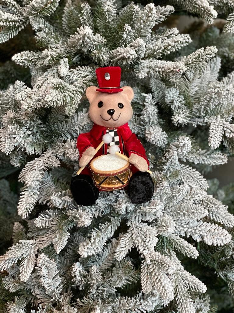 9" velvet, harlequin bear playing drum