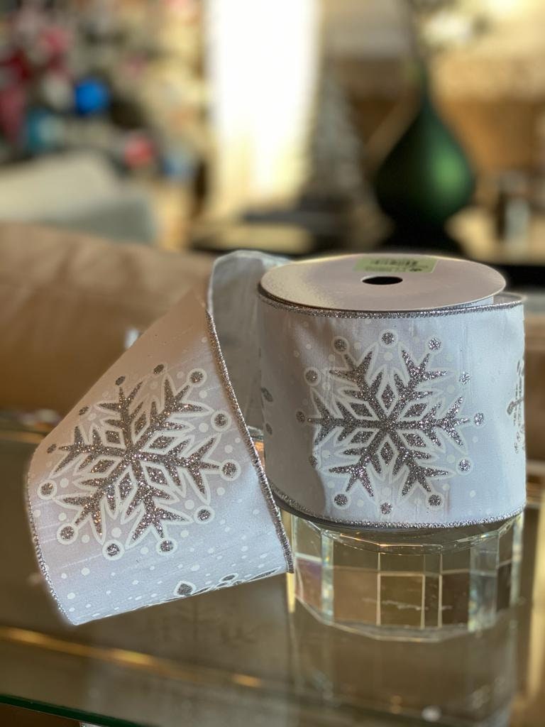 4"x10 yard glitter snowflake silver back designer ribbon