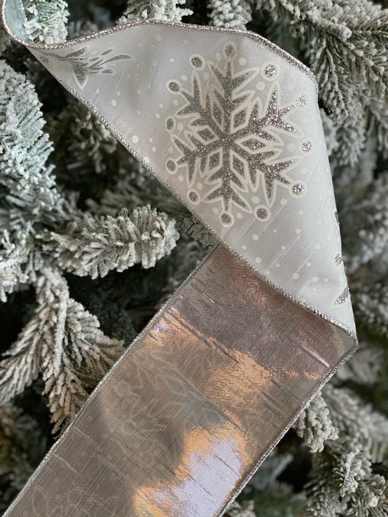 4"x10 yard glitter snowflake silver back designer ribbon