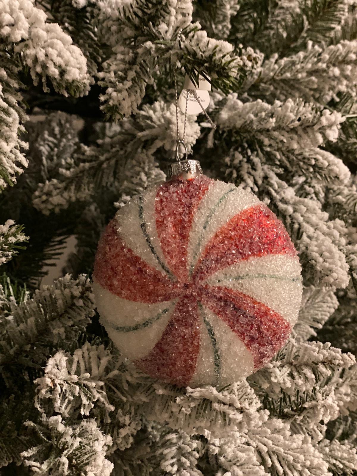 4" glass sugar peppermint candy ornament, red, green, white