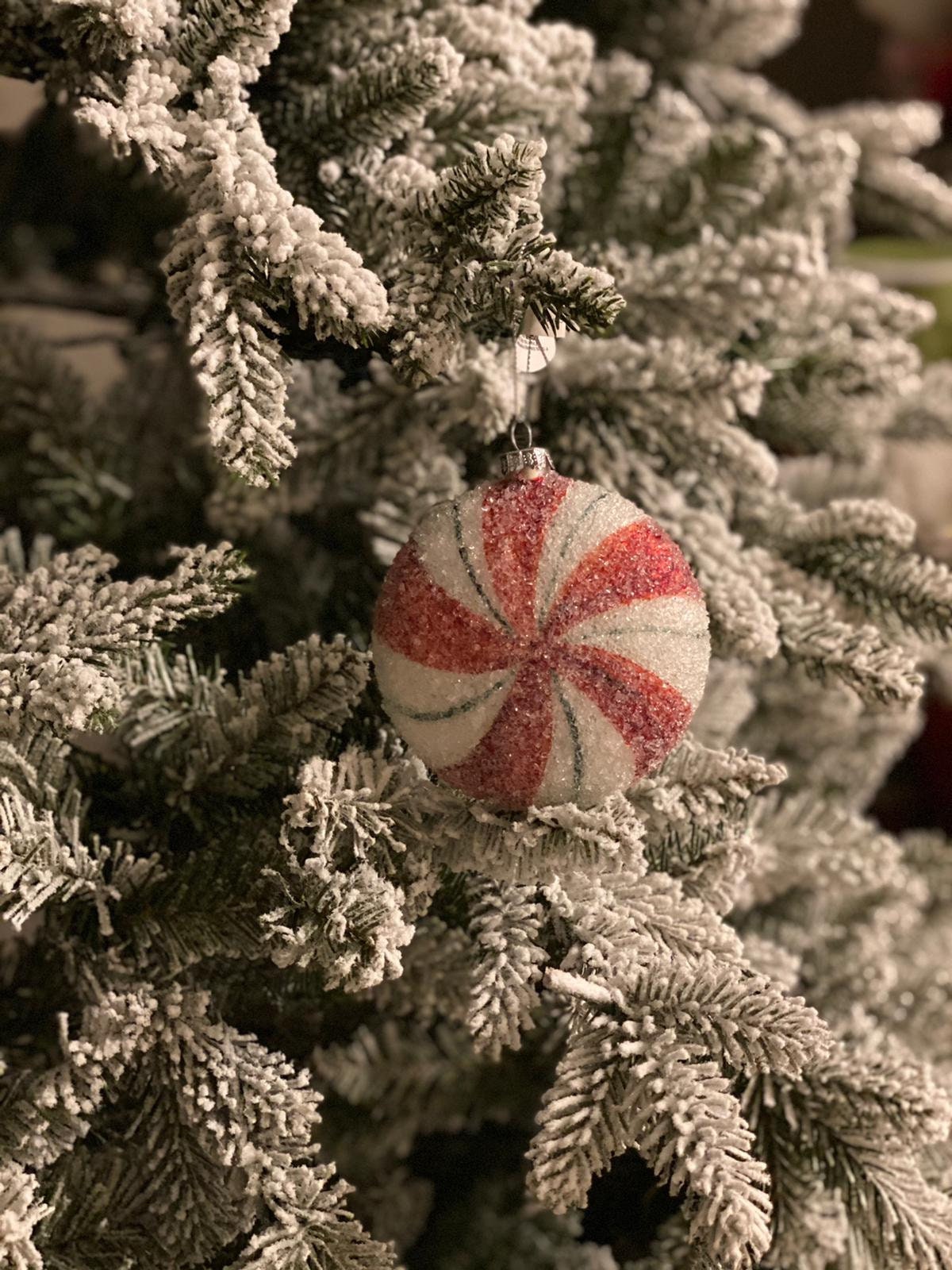 4" glass sugar peppermint candy ornament, red, green, white