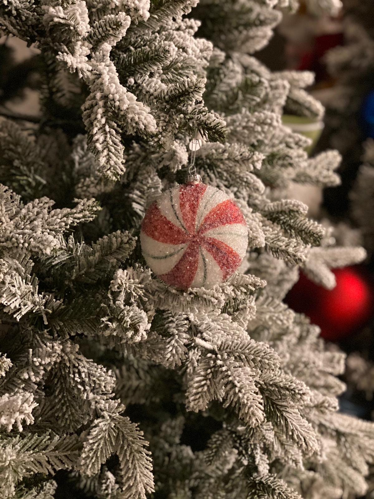 4" glass sugar peppermint candy ornament, red, green, white