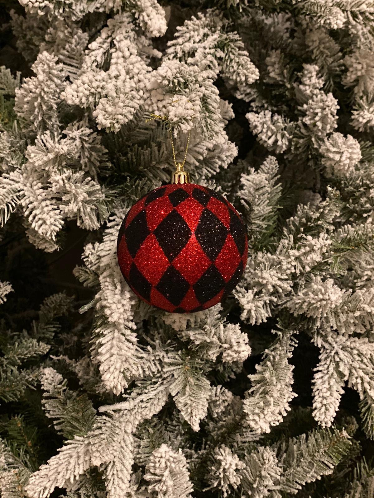 Set of 3. 9” glitter harlequin ball ornament 3 pcs red black*