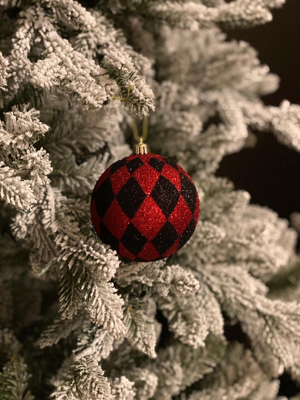 Set of 3. 9” glitter harlequin ball ornament 3 pcs red black*