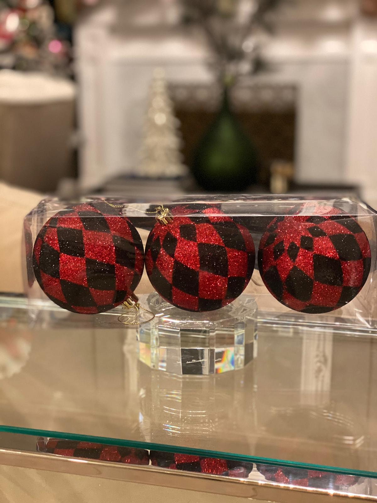 Set of 3. 9” glitter harlequin ball ornament 3 pcs red black*