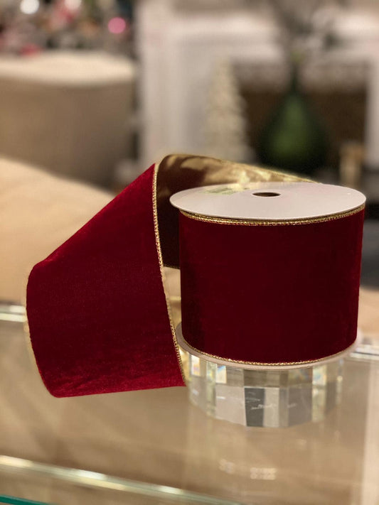 4"x10 yds. deluxe velvet gold back ribbon, burgundy, gold