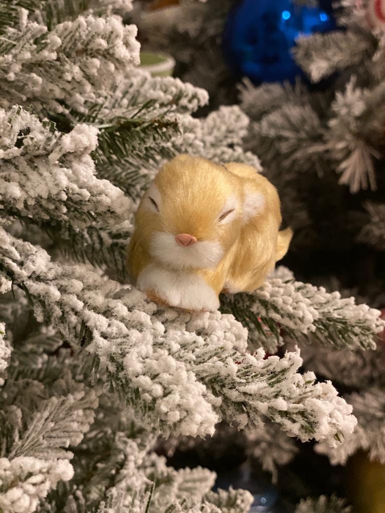 5"sleeping fur rabbit ornament beige