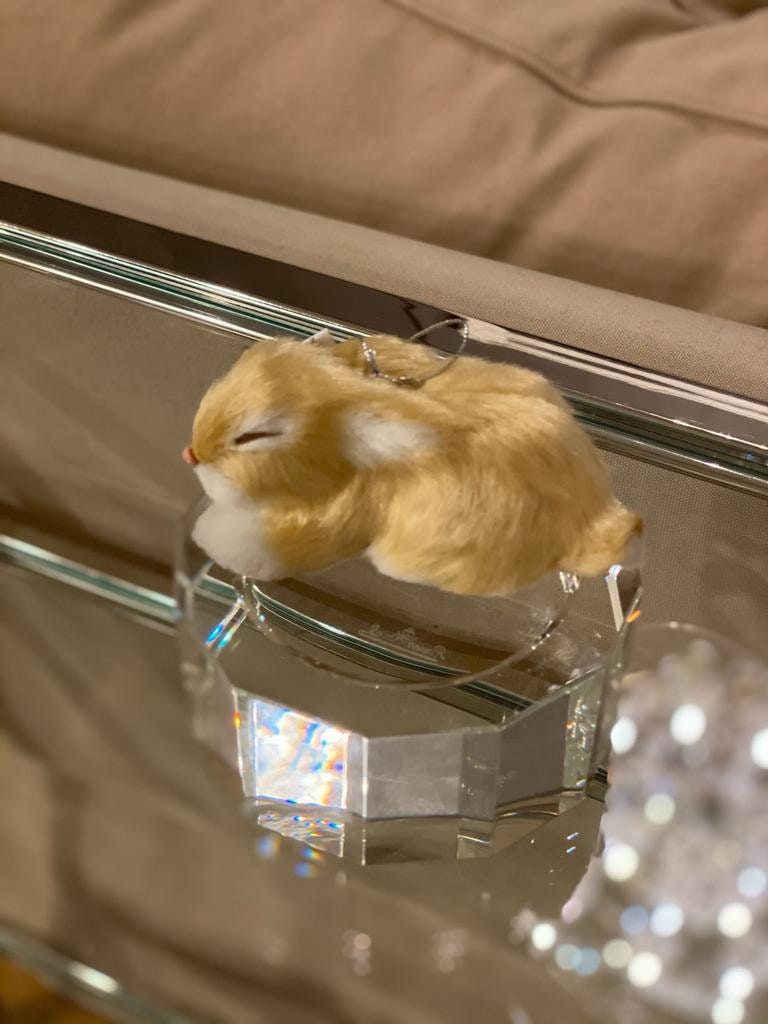 5"sleeping fur rabbit ornament beige