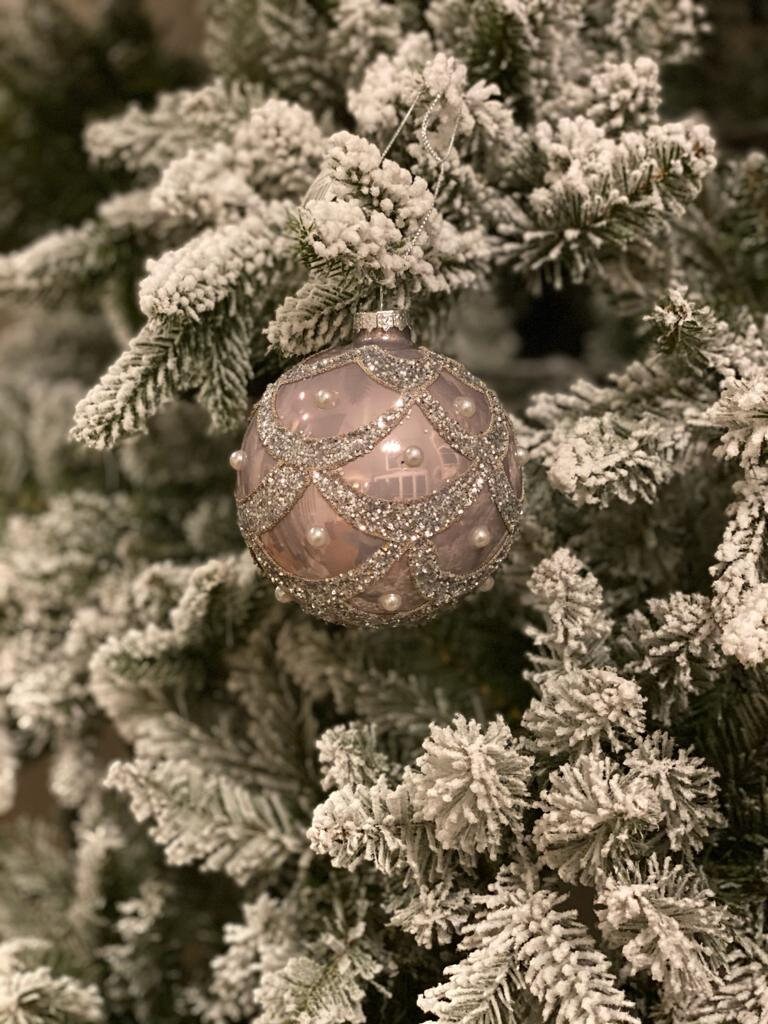 4"glass glitter scallop/pearl ball ornament