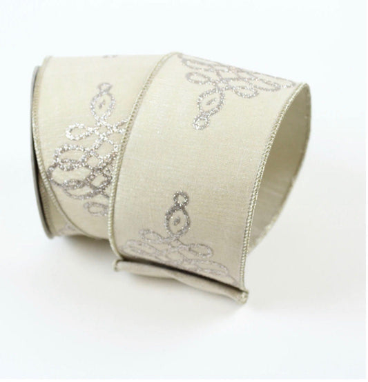 3”x10 yards Christmas scroll platinum farrisilk