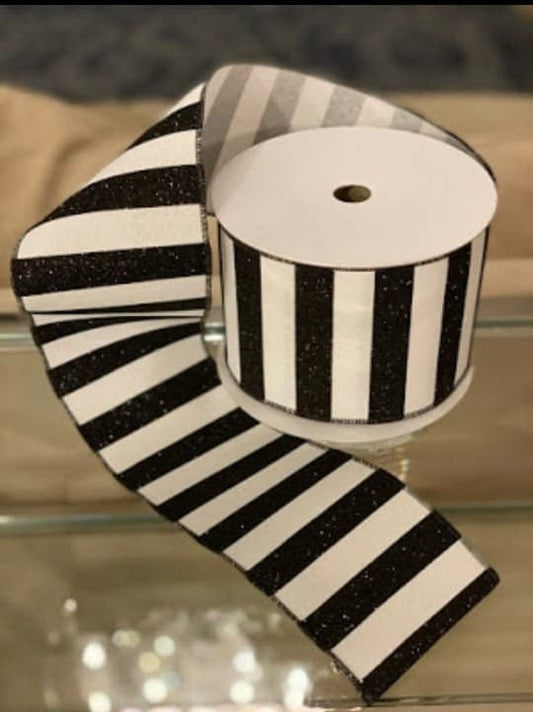 4" x 10 yards glitter stripes, black and white ribbon*