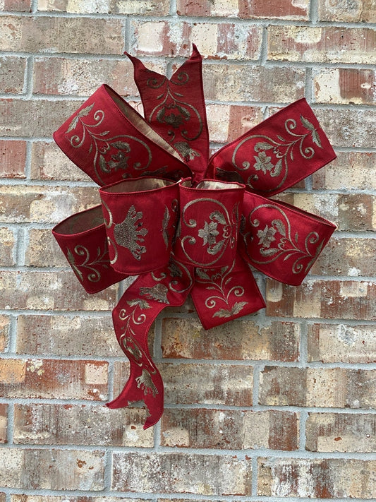 18"Bow red and green embroidered ribbon