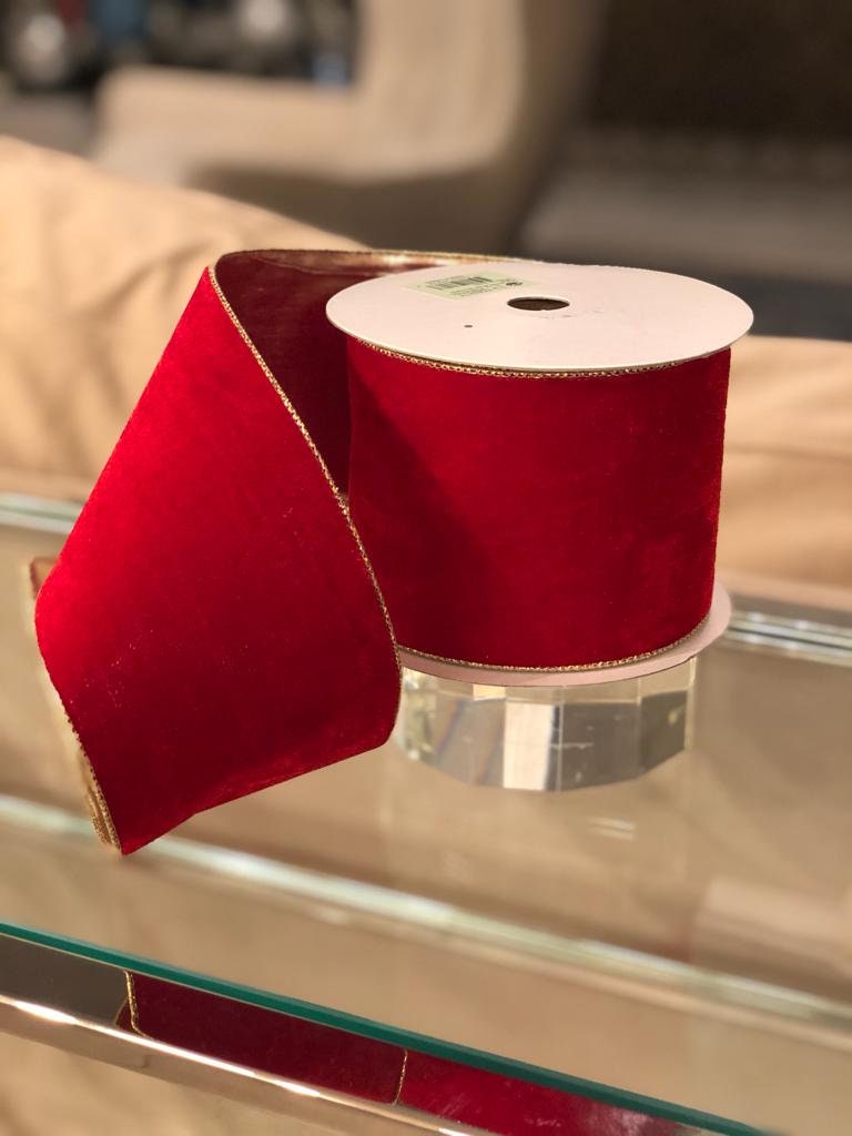 4" x 10 Yards deluxe velvet wired ribbon red/ gold*