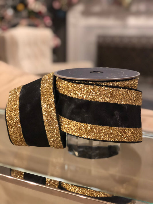 4” x 10 yards tinsel borders black and gold, designer ribbon