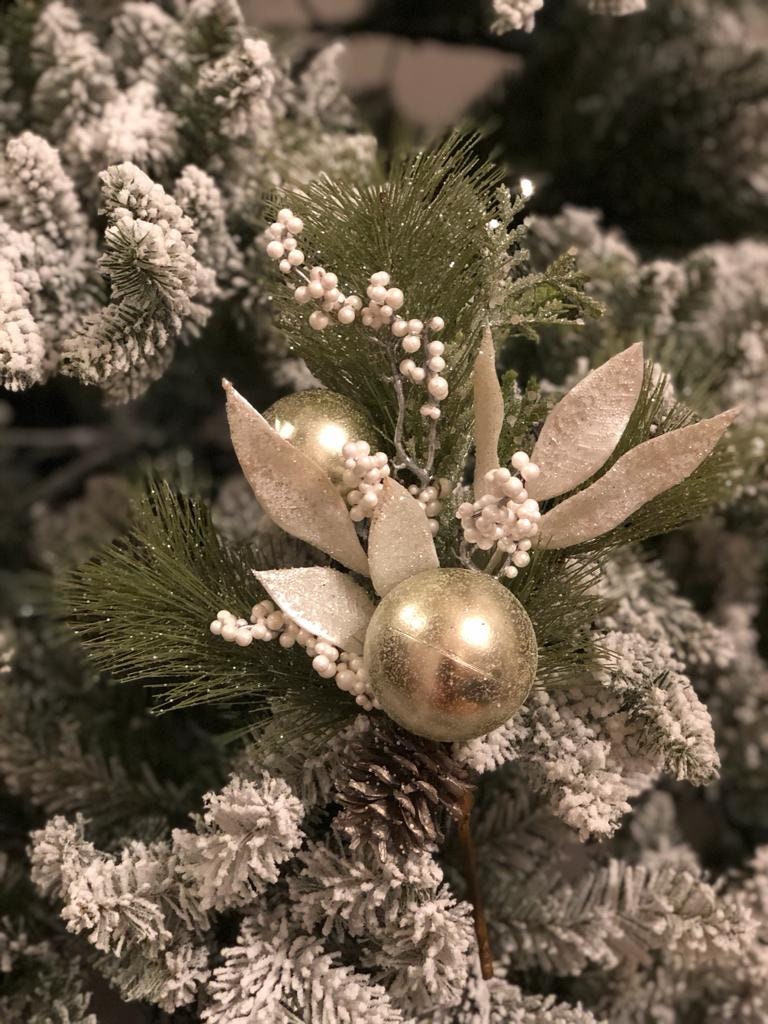 14" long needle pine ball, berry and cone. Decorative pick
