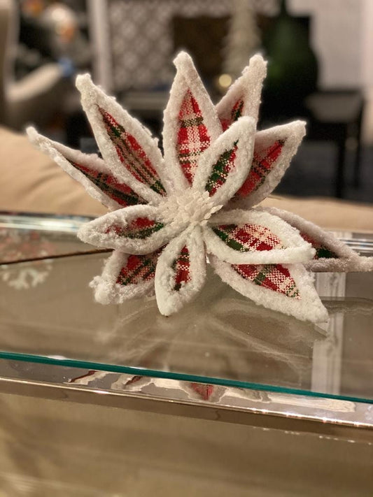24" glitter fur edge plaid poinsettia stem, red, green, white