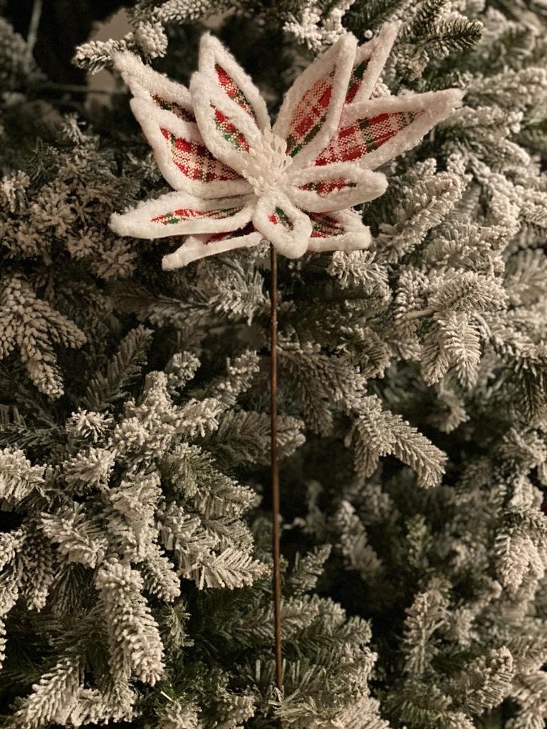 24" glitter fur edge plaid poinsettia stem, red, green, white