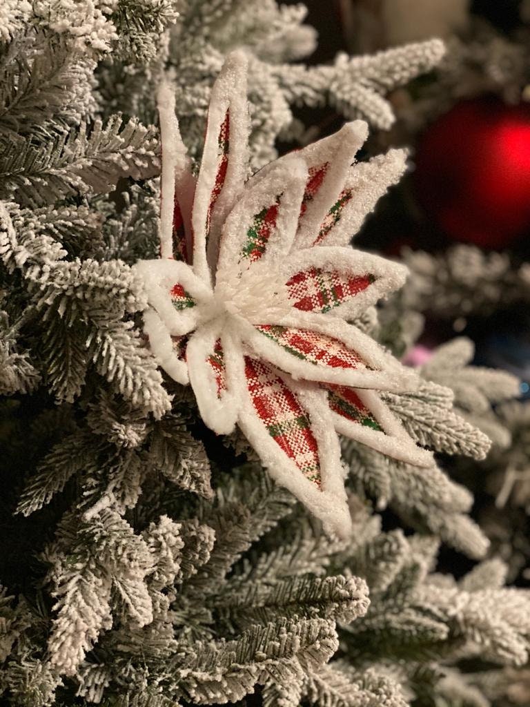24" glitter fur edge plaid poinsettia stem, red, green, white