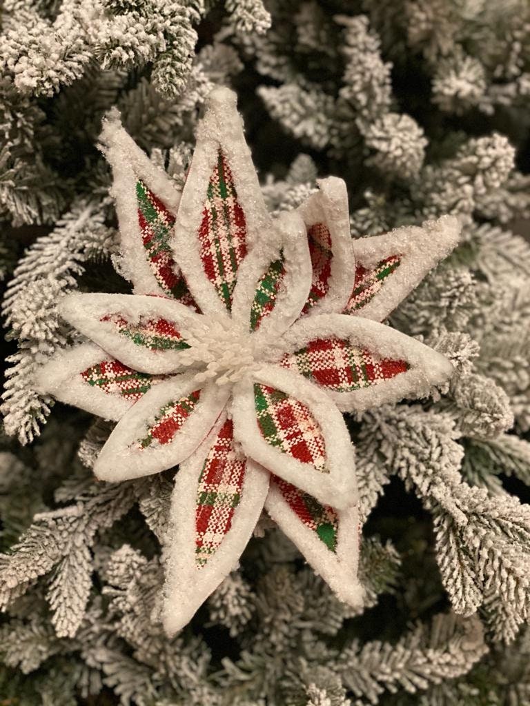 24" glitter fur edge plaid poinsettia stem, red, green, white