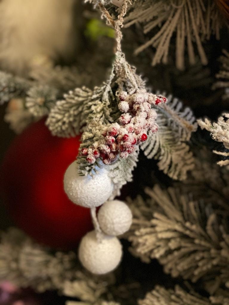 10" hanging snow balls berry & pine ornament frosted white set of 3