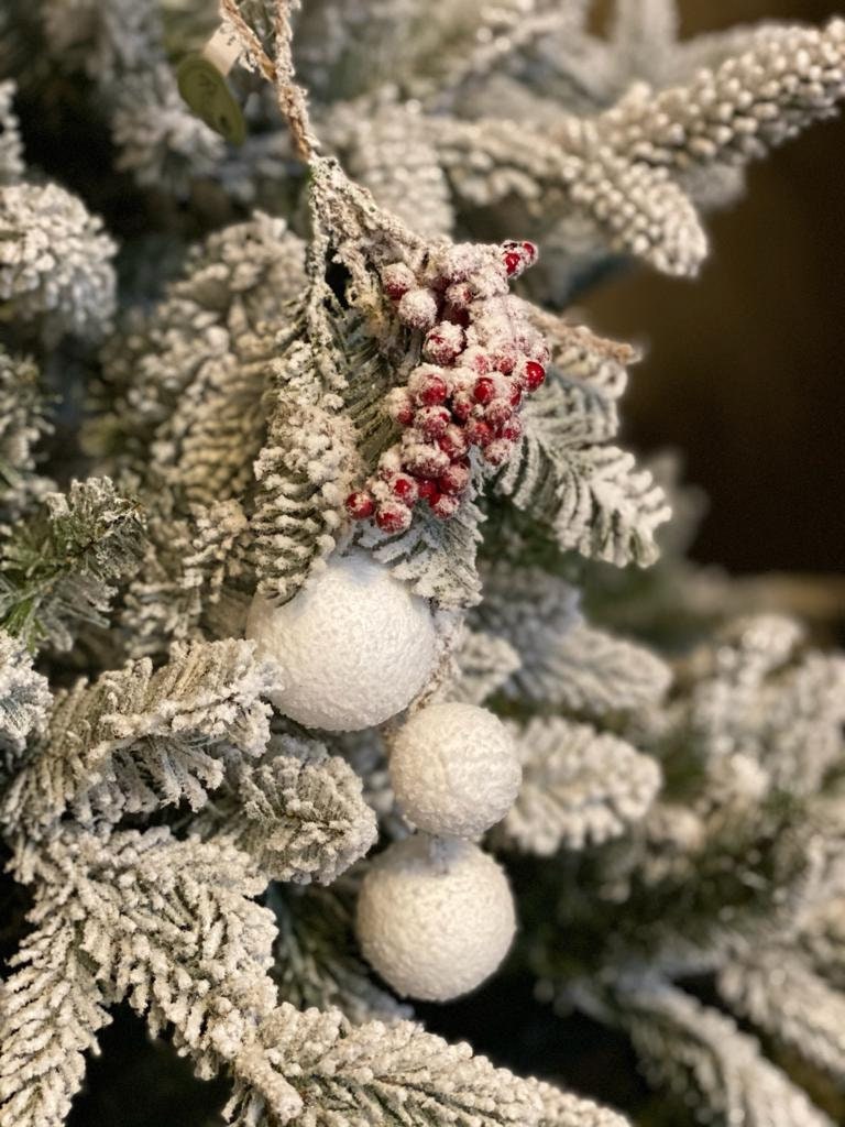 10" hanging snow balls berry & pine ornament frosted white set of 3
