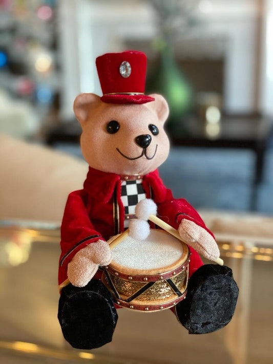 9" velvet, harlequin bear playing drum