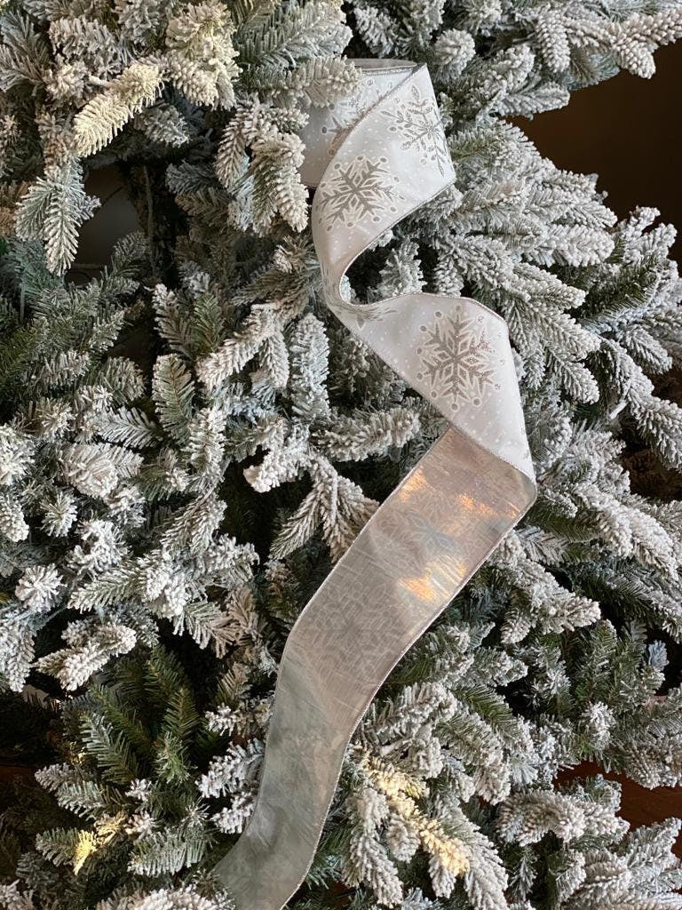 4"x10 yard glitter snowflake silver back designer ribbon