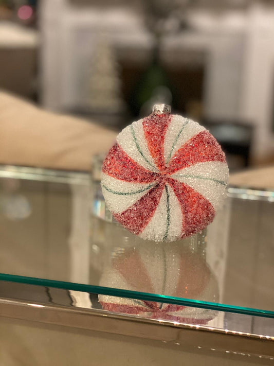 4" glass sugar peppermint candy ornament, red, green, white