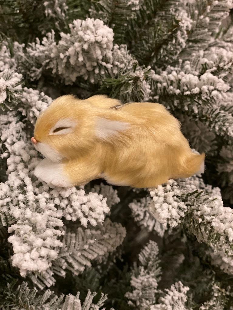 5"sleeping fur rabbit ornament beige