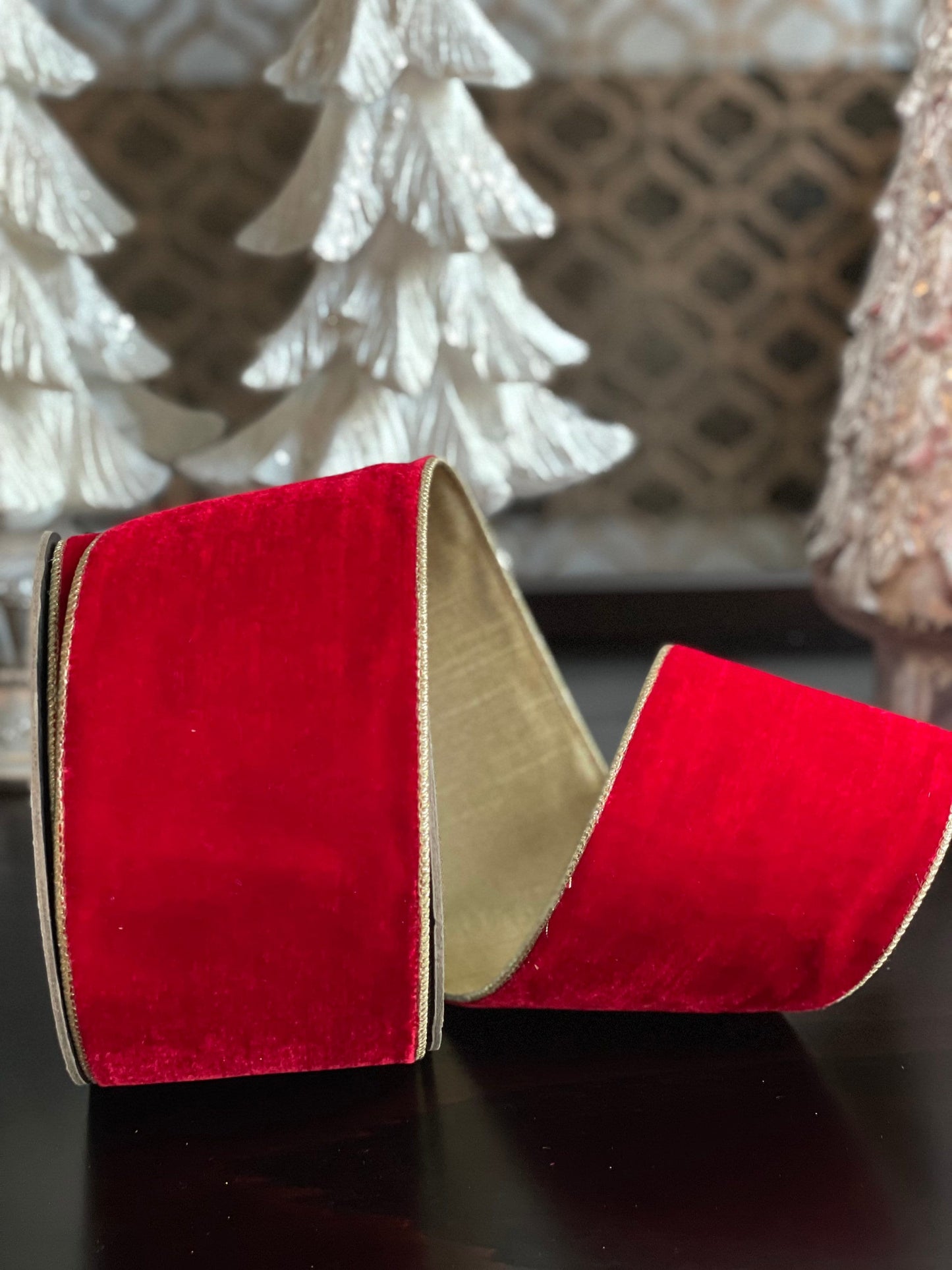 Designer wired plush velvet red ribbon with golden back. 4” x 10 yards.*