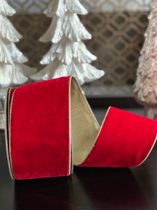 Designer wired plush velvet red ribbon with golden back. 4” x 10 yards.*