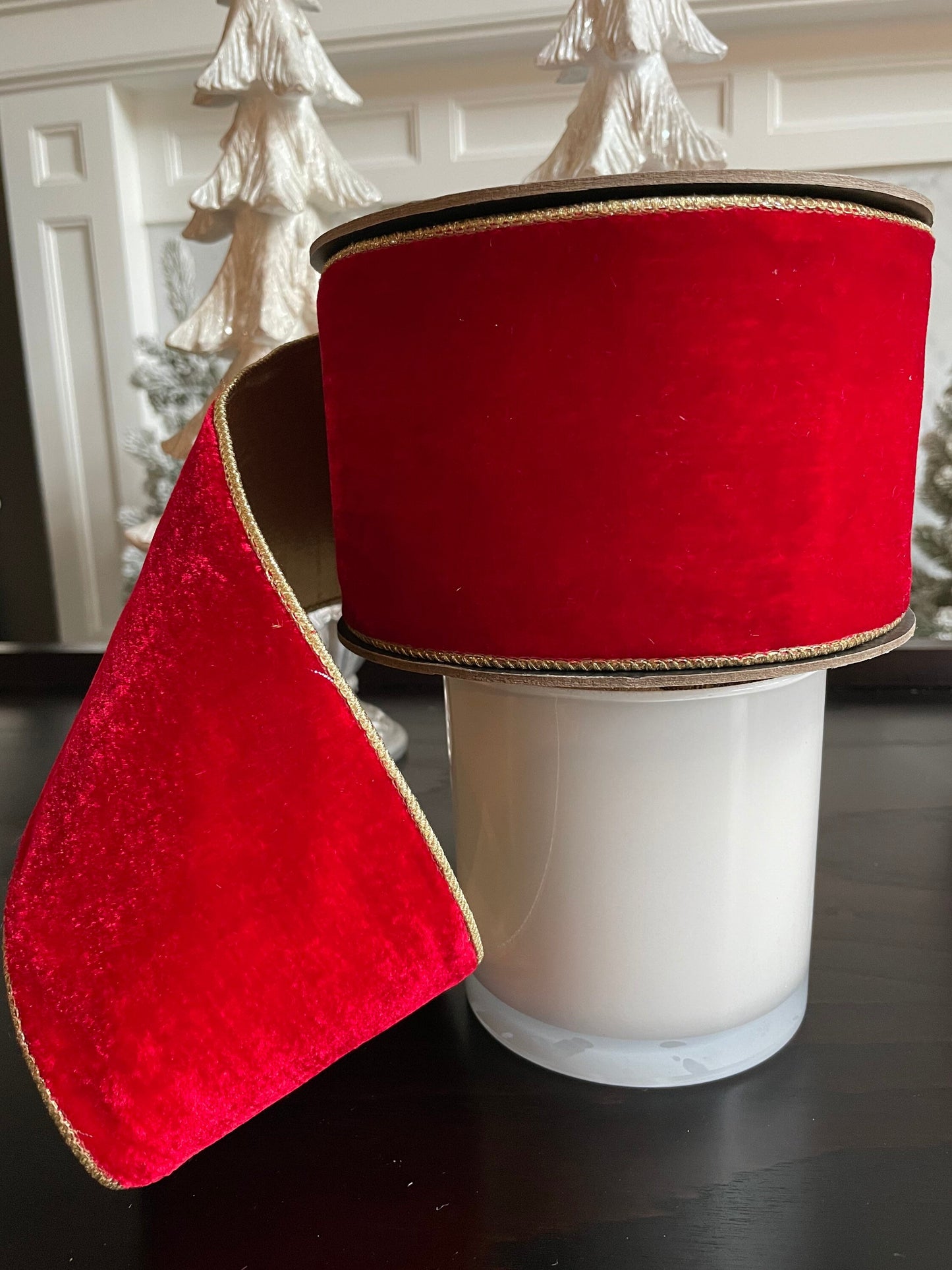 Designer wired plush velvet red ribbon with golden back. 4” x 10 yards.*