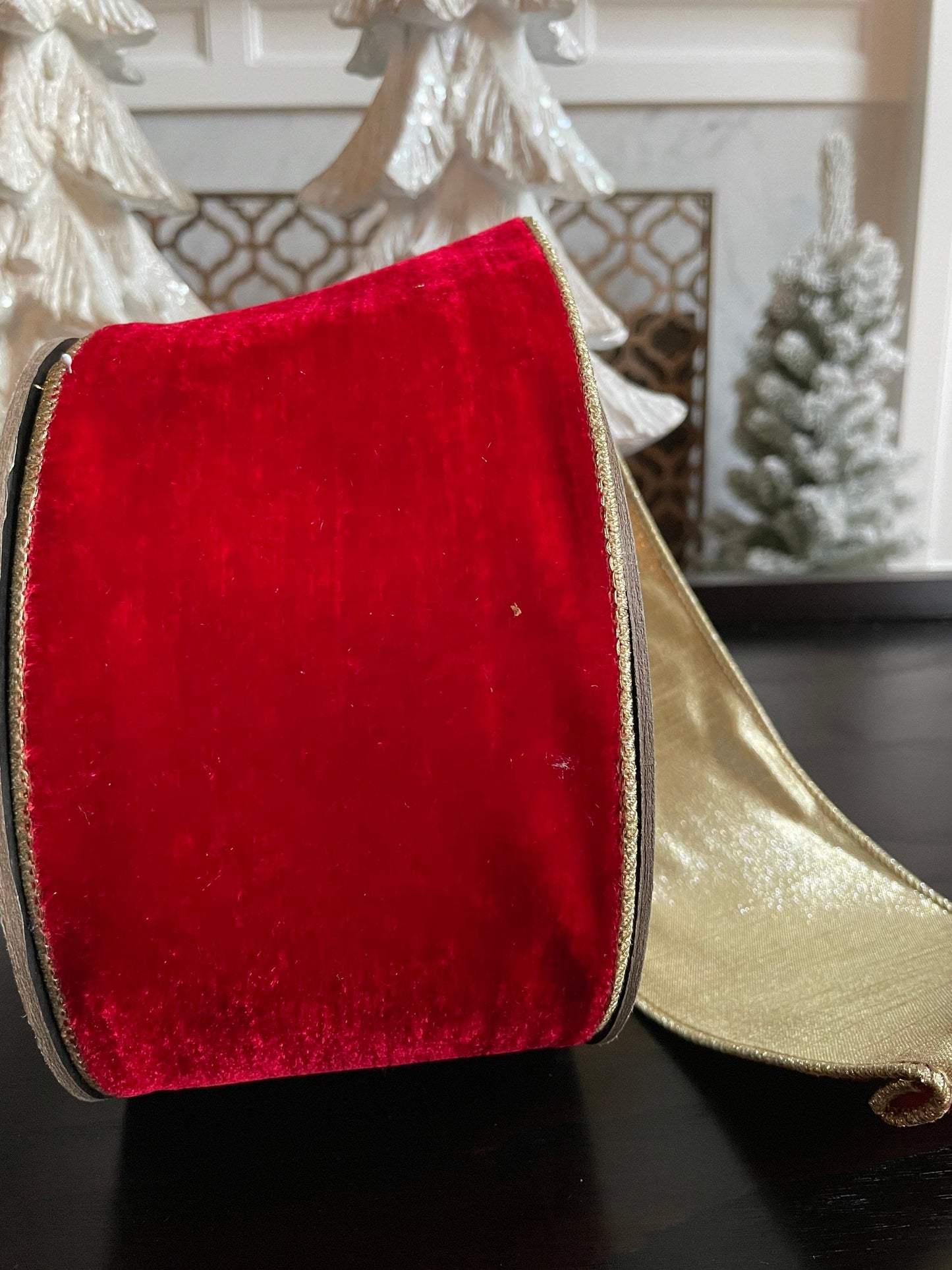 Designer wired plush velvet red ribbon with golden back. 4” x 10 yards.*