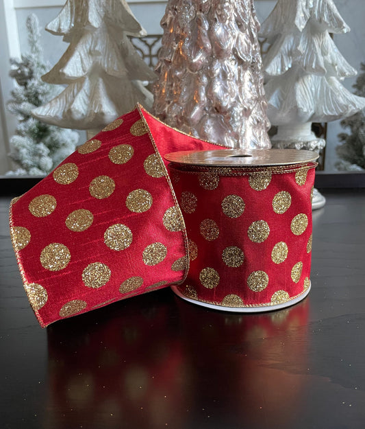 Designer Christmas dots red and gold 4” x 10 yards.*