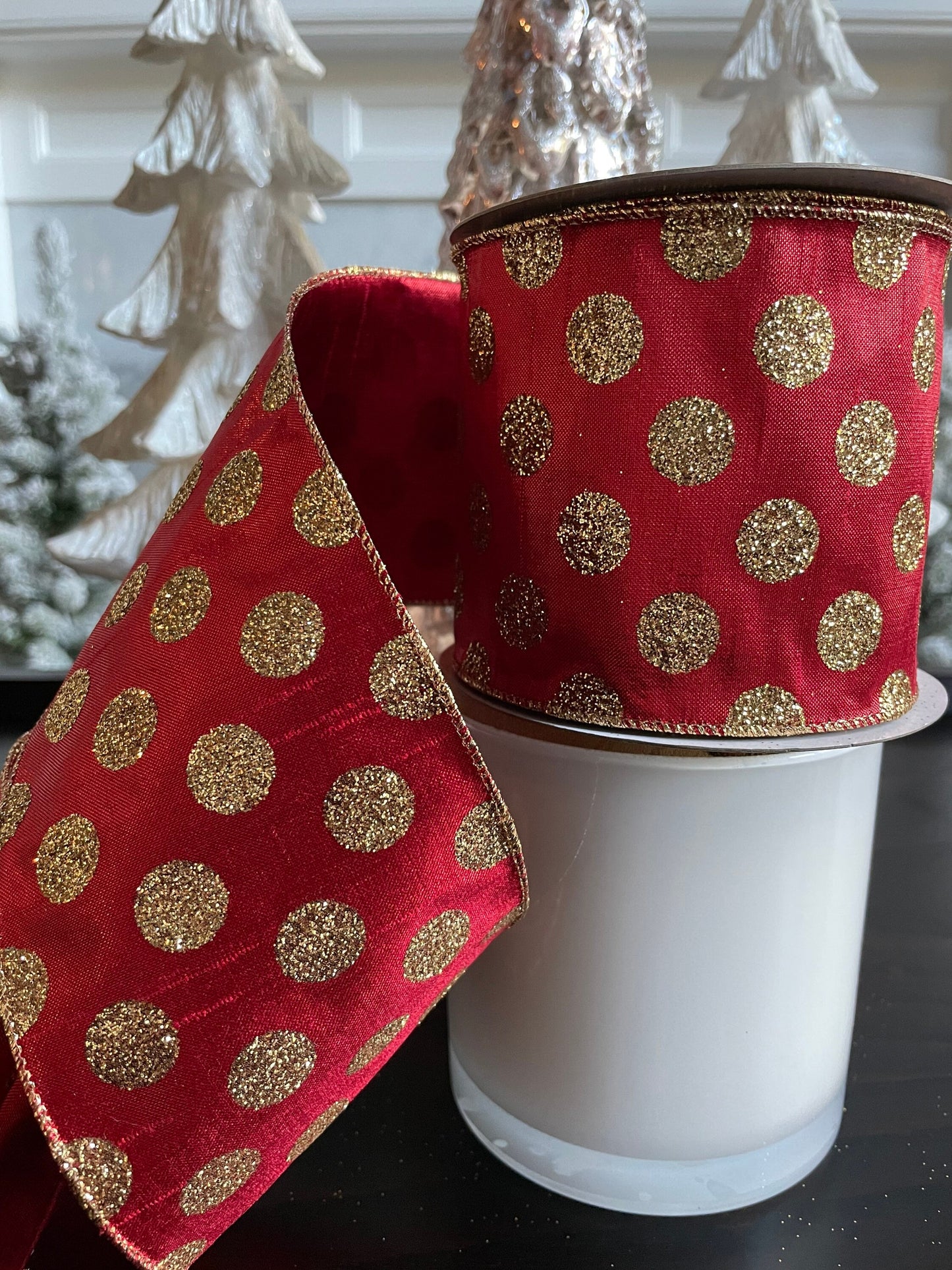 Designer Christmas dots red and gold 4” x 10 yards.*