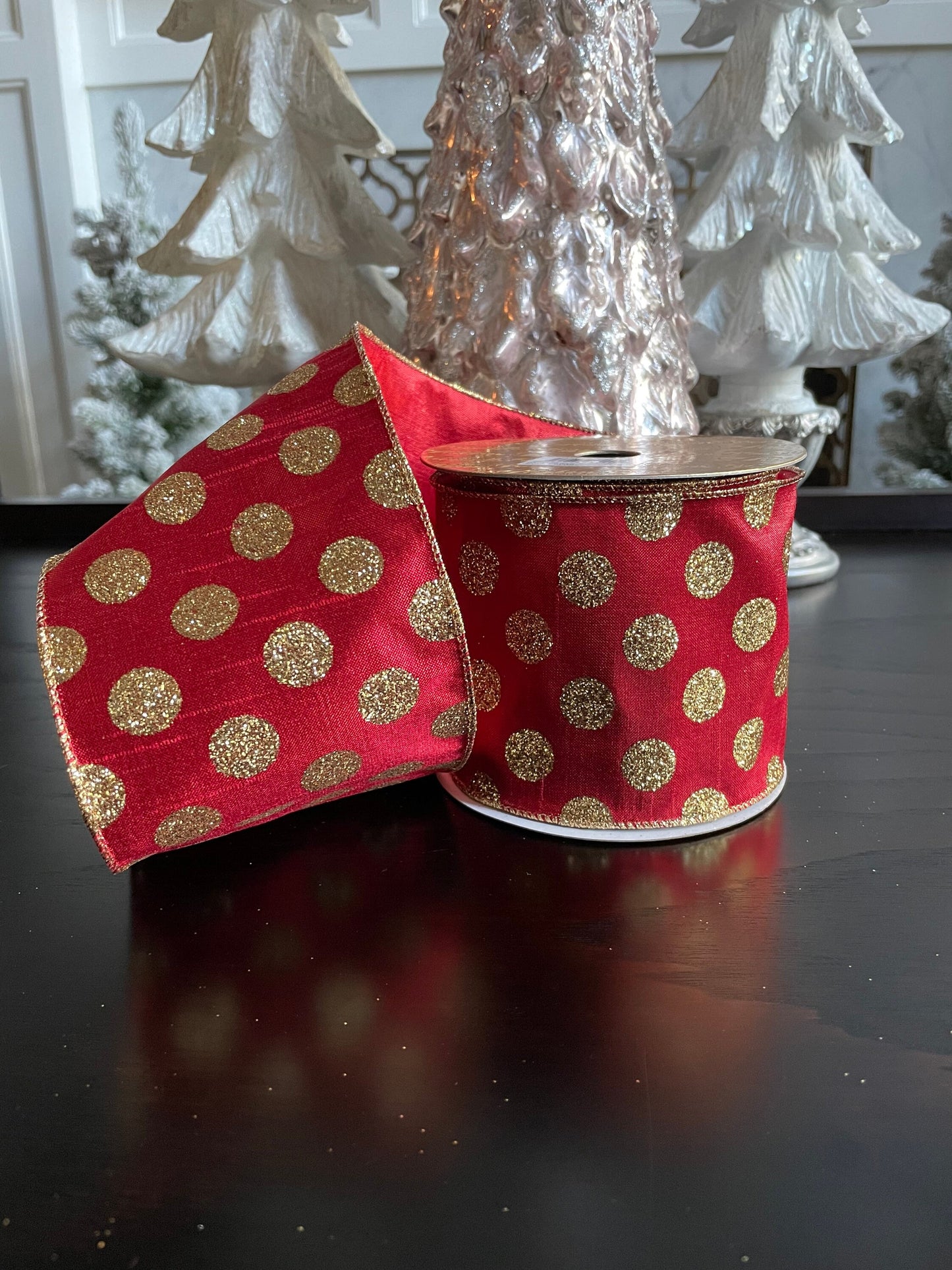Designer Christmas dots red and gold 4” x 10 yards.*