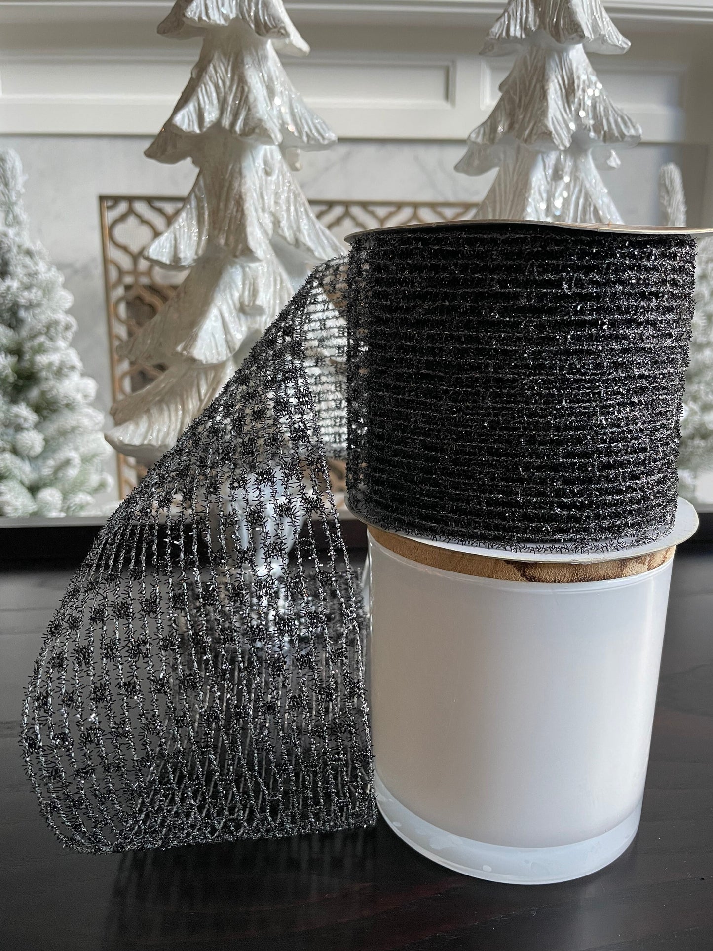 Designer ribbon, black metallic net 4” x 10 yards.*