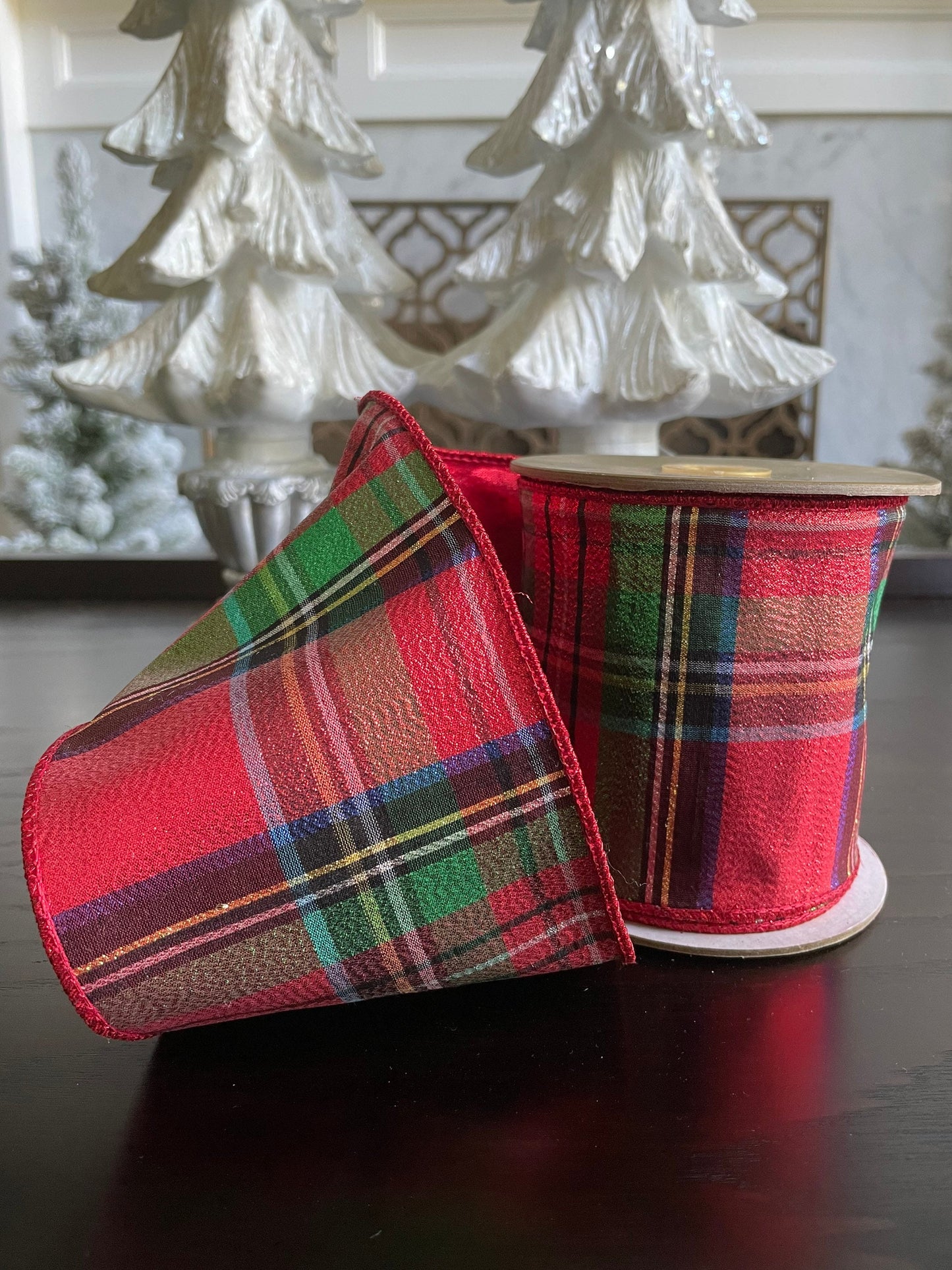 Designer ribbon, Metallic Plaid 4” x 10 yards. Red, black, green, white and blue.*