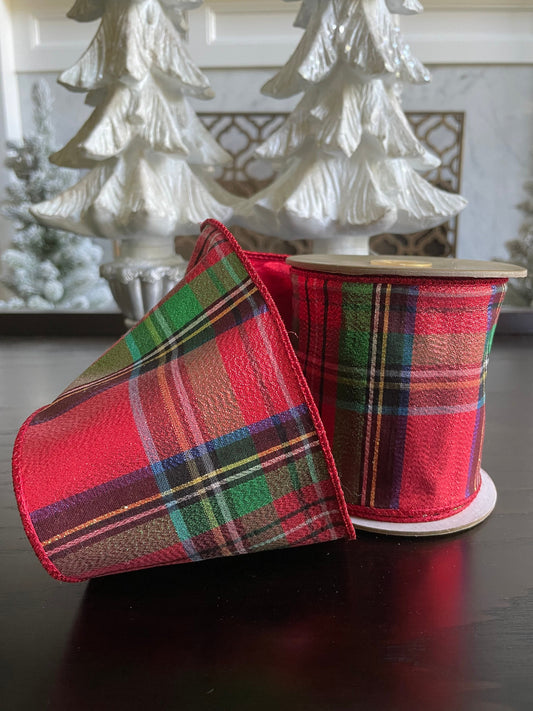 Designer ribbon, Metallic Plaid 4” x 10 yards. Red, black, green, white and blue.*