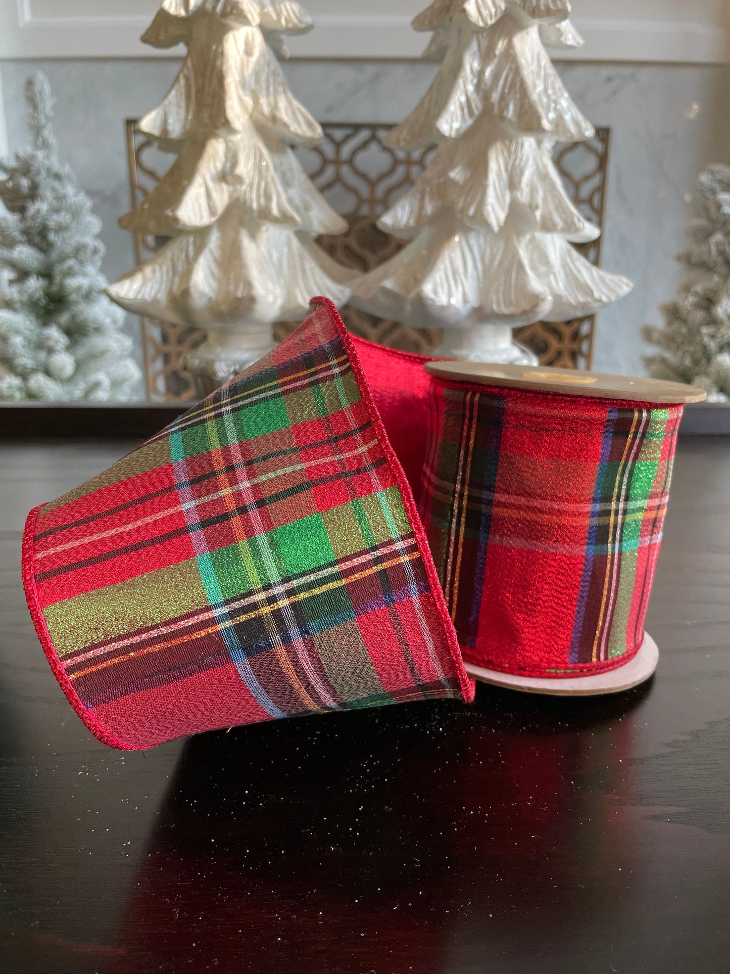 Designer ribbon, Metallic Plaid 4” x 10 yards. Red, black, green, white and blue.*