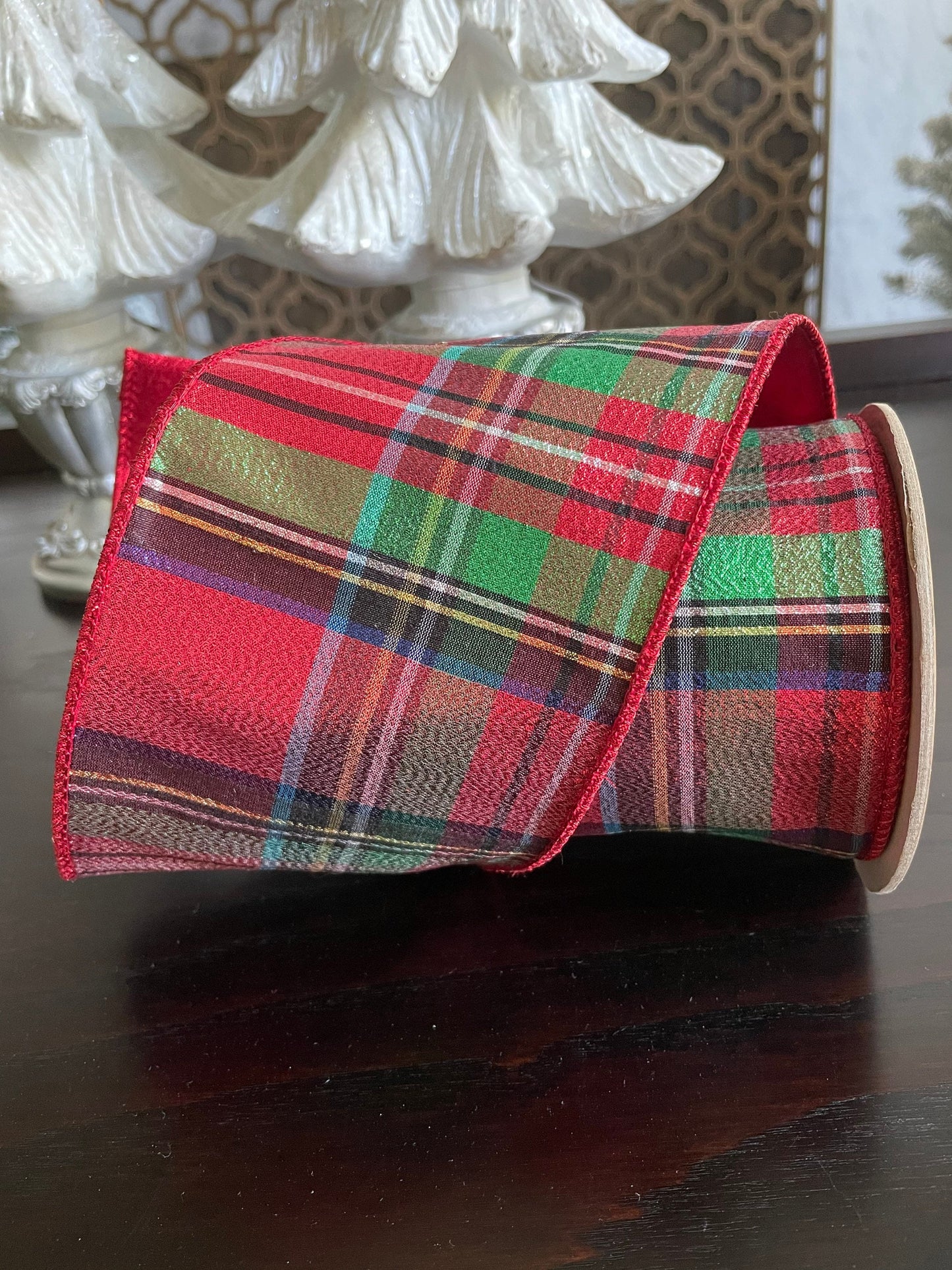 Designer ribbon, Metallic Plaid 4” x 10 yards. Red, black, green, white and blue.*