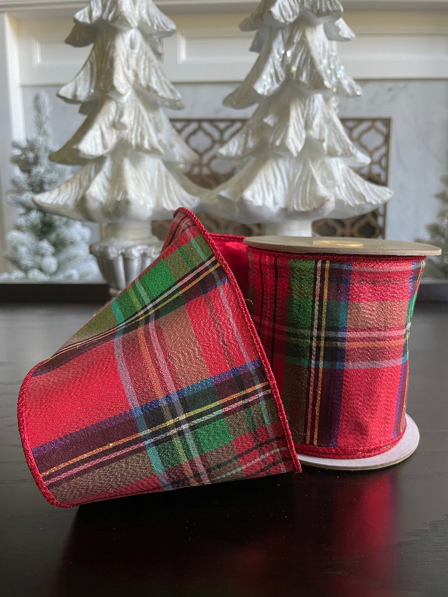 Designer ribbon, Metallic Plaid 4” x 10 yards. Red, black, green, white and blue.*