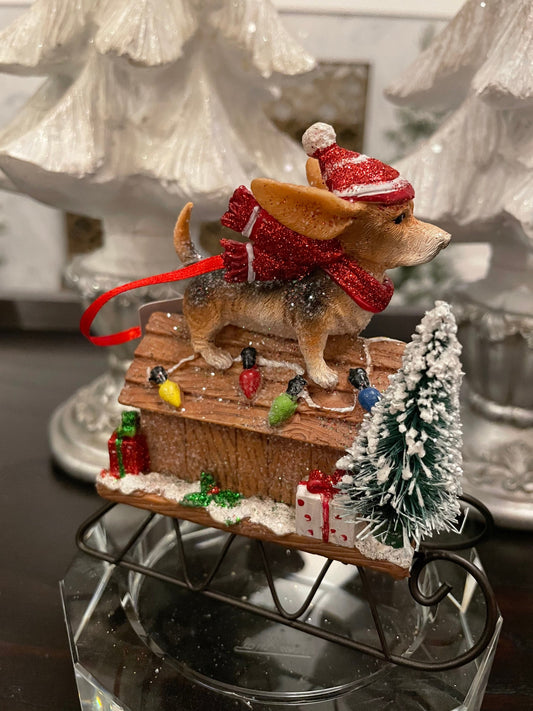 4.5” dog in sled ornament. Set of 2.*