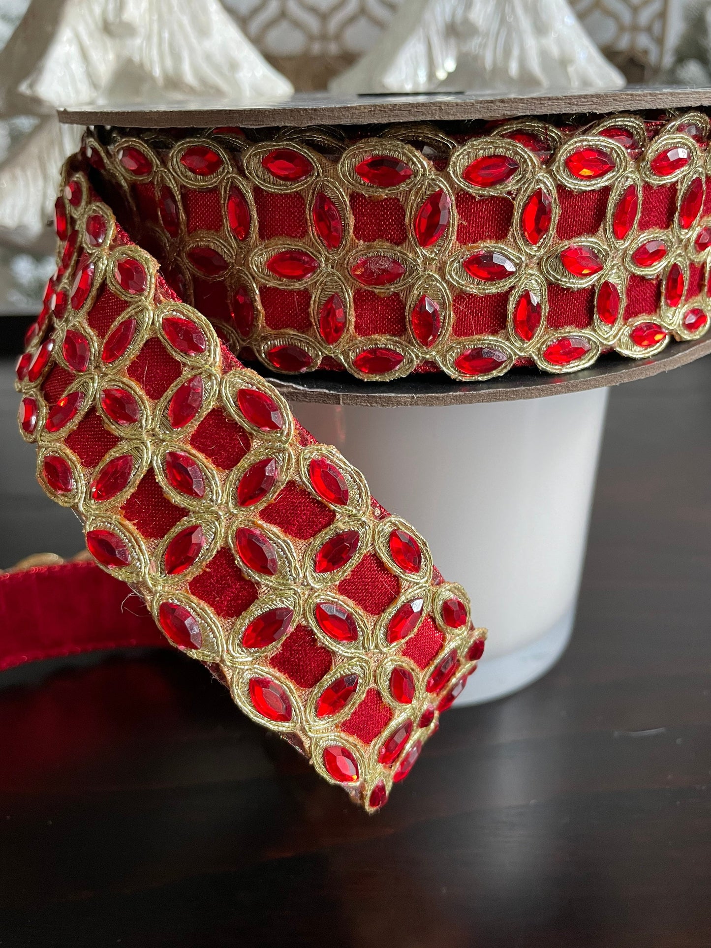 Designer red ribbon with jewels. 1.5” x 10 yards.*