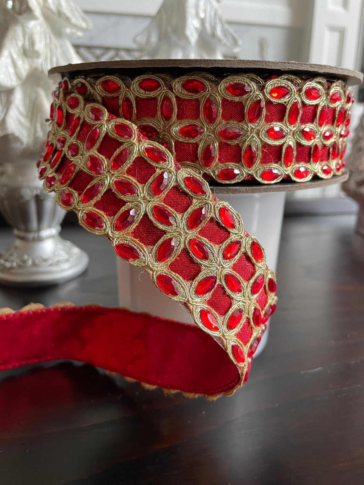 Designer red ribbon with jewels. 1.5” x 10 yards.*