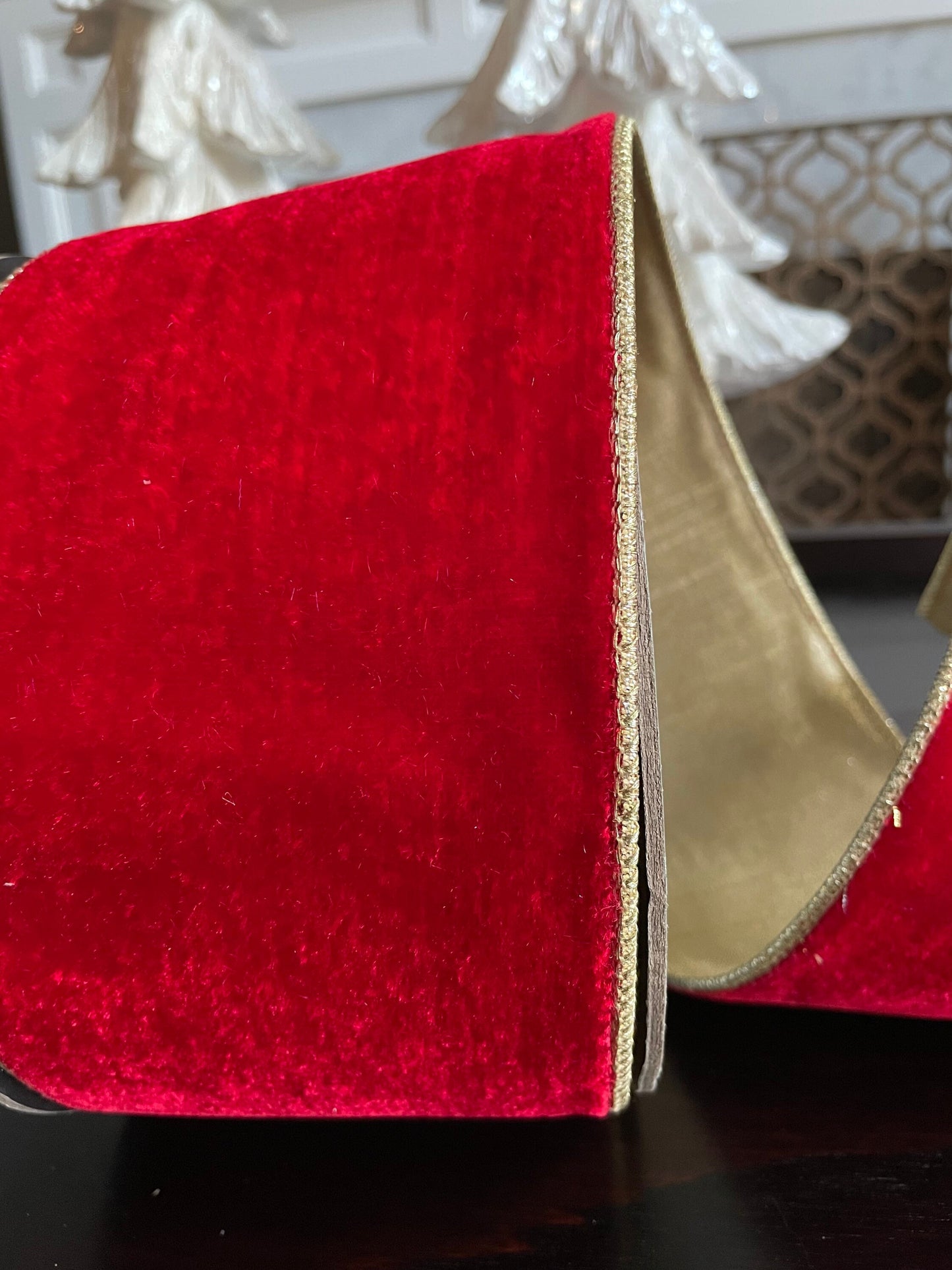 Designer wired plush velvet red ribbon with golden back. 4” x 10 yards.*