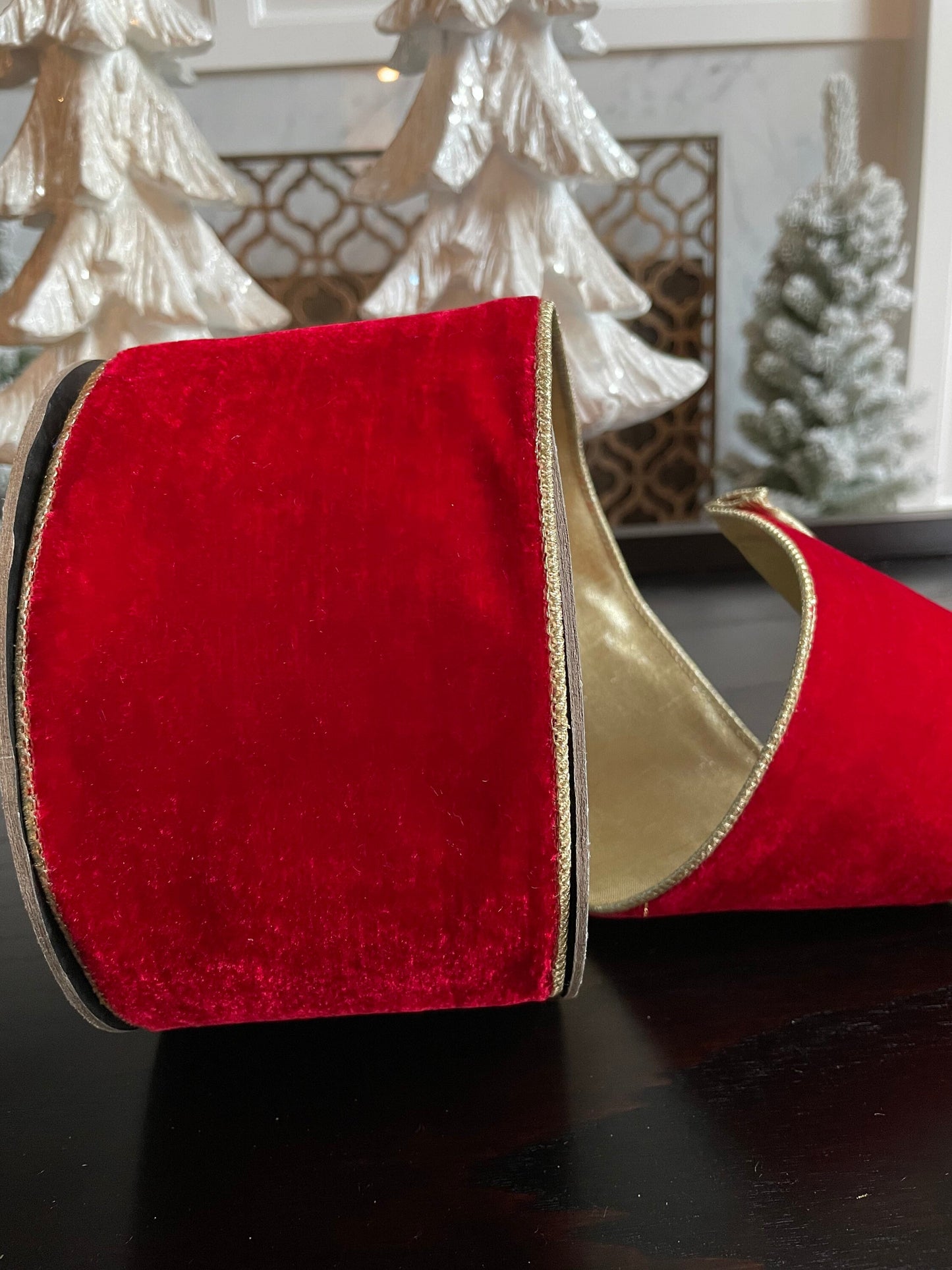 Designer wired plush velvet red ribbon with golden back. 4” x 10 yards.*